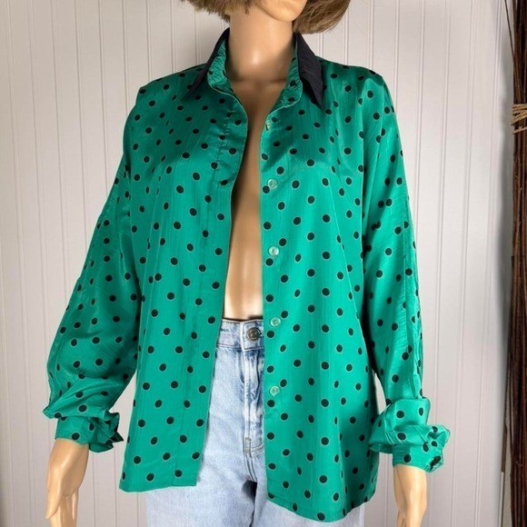 CHAUS emerald green polka dot vintage blouse