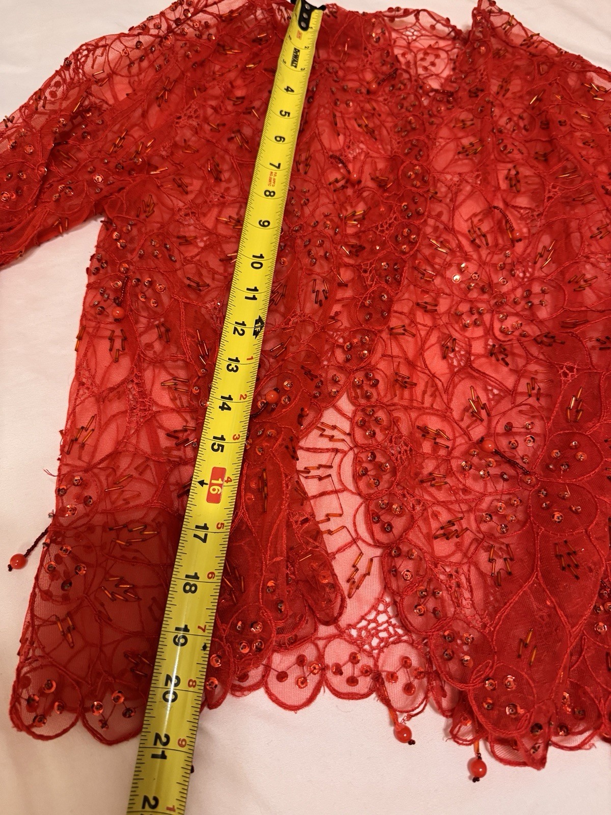 Vintage Red Beaded Mesh Cardigan Sheer Lace Sequin Shrug 90s Y2K Romantic Grunge