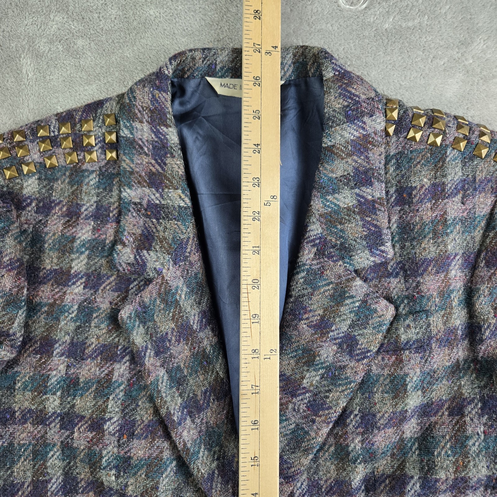 Vintage Laura Caspari Jacket Women Gray Purple Green Houndstooth 100% Welsh Wool