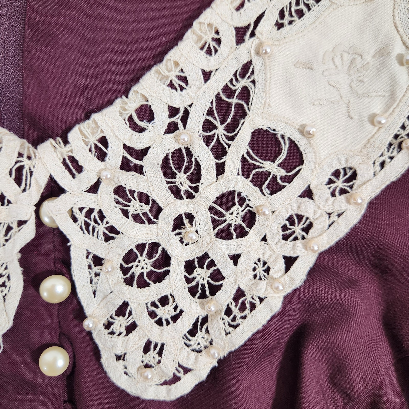 Vintage Plaza South Plus 20W Burgundy Prairie Midi Dress Lace Collar Cottagecore