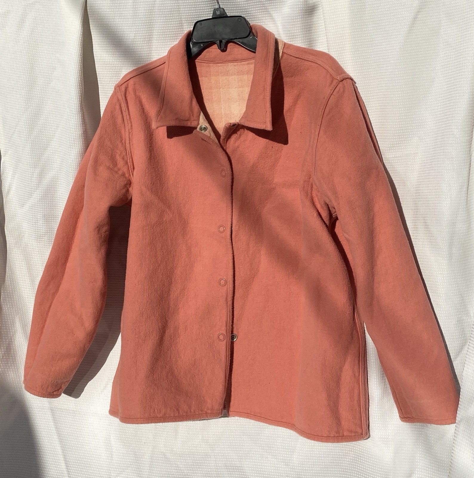 Pink Flannel Plaid Jacket Chore Coat Vintage Reversible Snap Closure