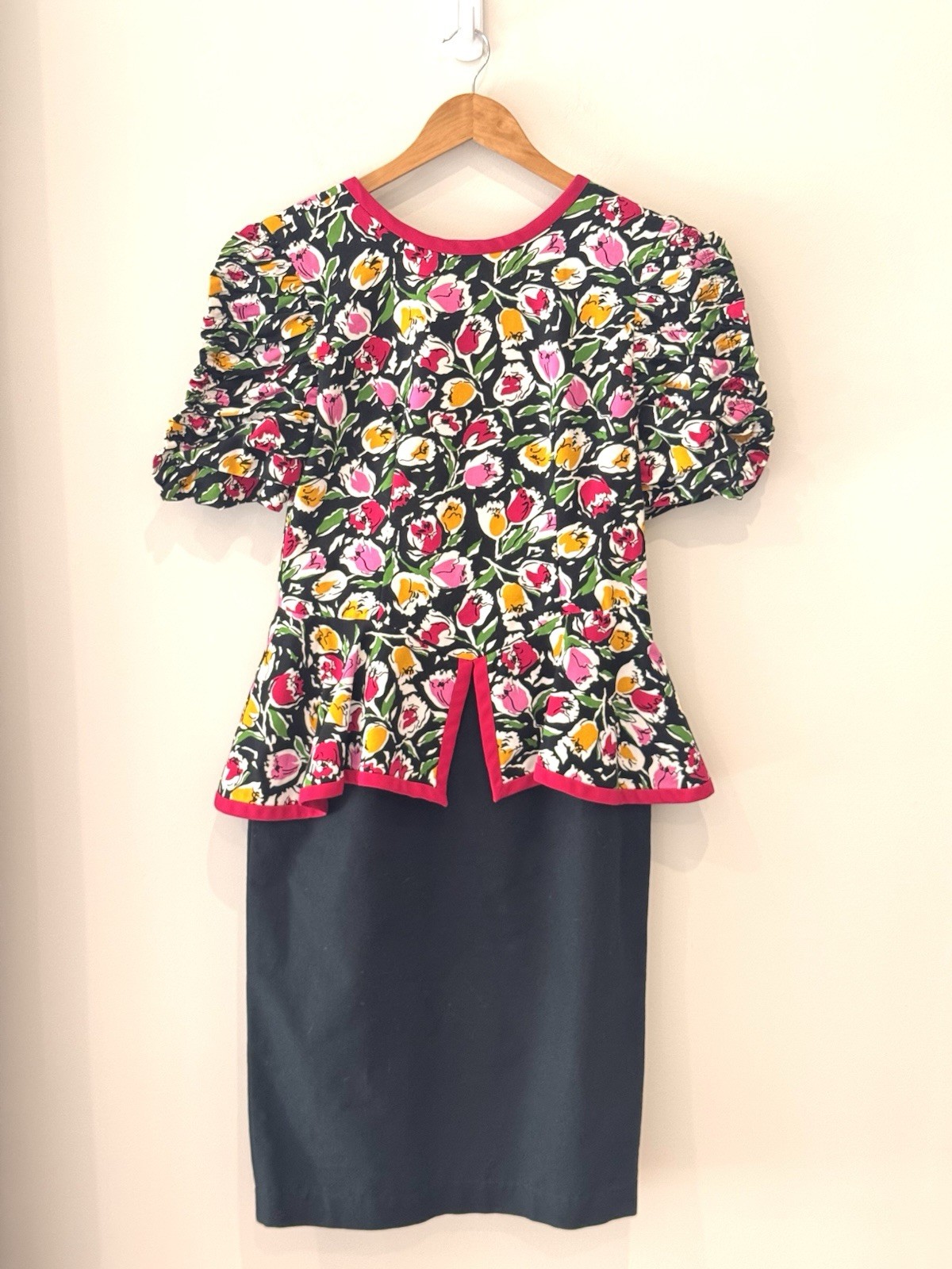 VTG Donna Morgan Non Stop 9/10 Multicolored Peplum Floral Bodice Combo Dress Y2K