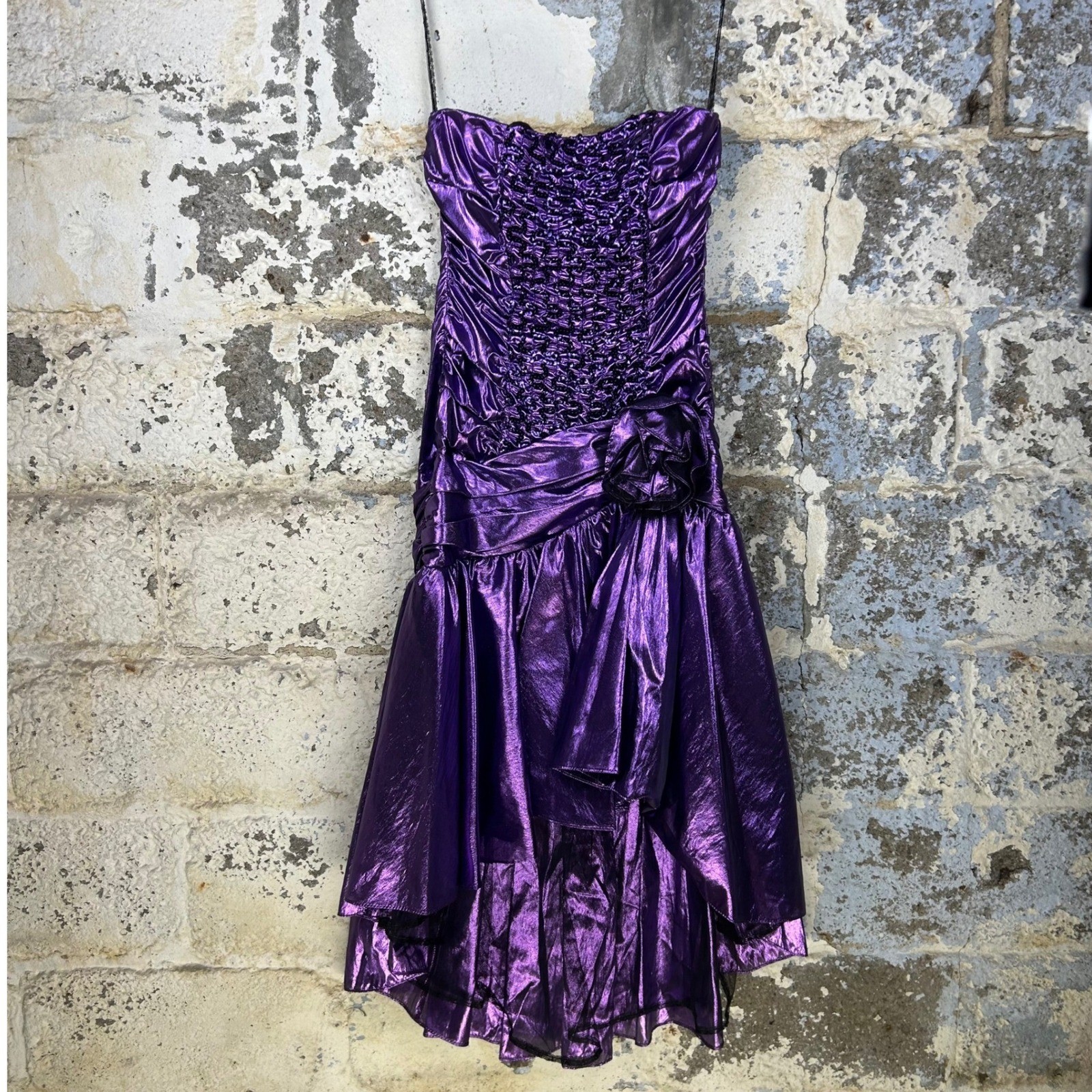 Vintage 80’s Zum Zum Party Dress Purple Metallic Ruched Sequin Prom 9/10