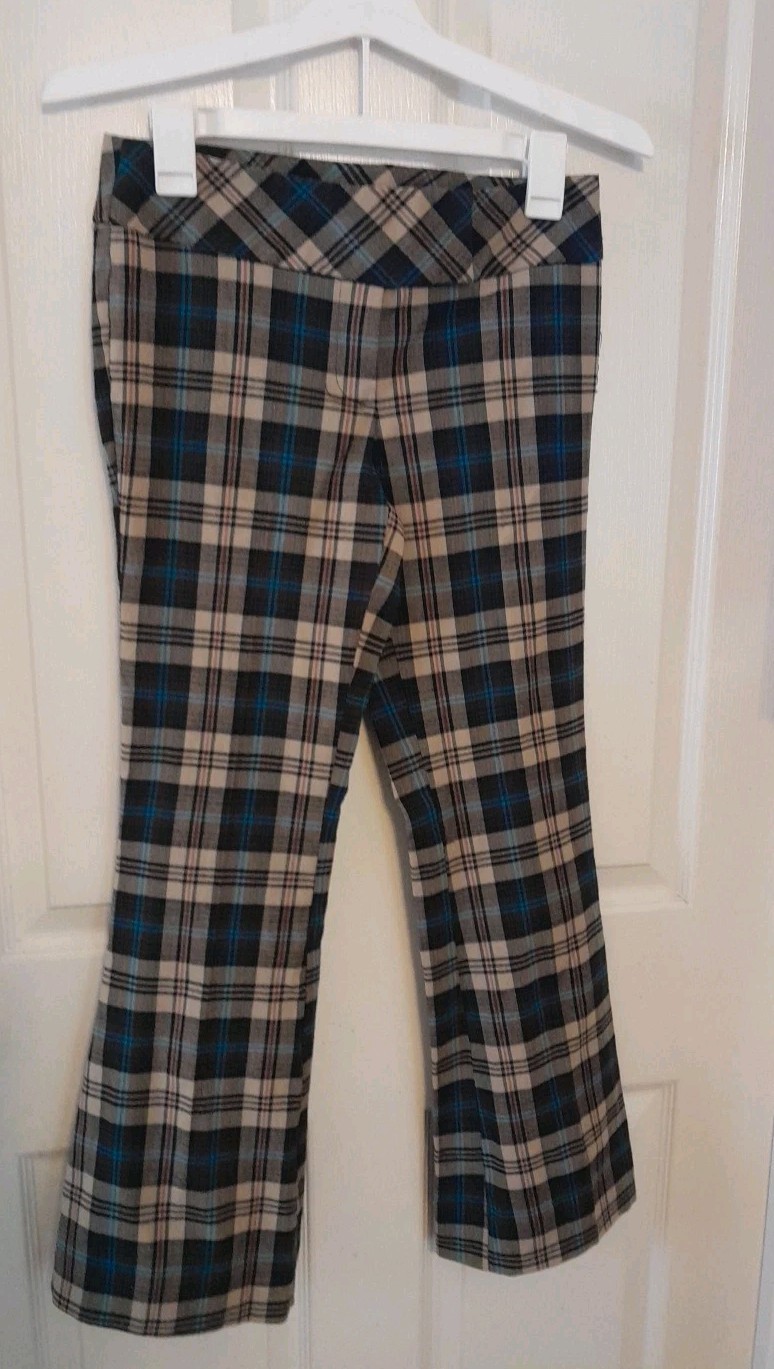 Y2k Tracy Evans Size 5 Flare Brown Plaid Cross Over Waist Low Rise Pants. B63