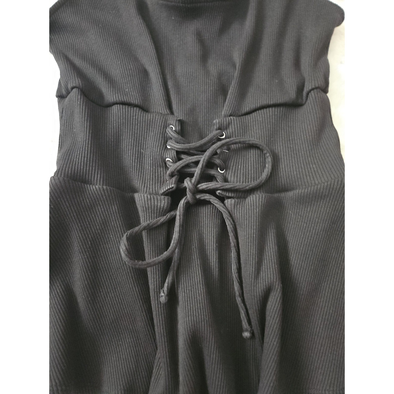 Y2K Aesthetic Corset Top Medium Black Peplum Lace Up Ribbed Grunge Streetwear