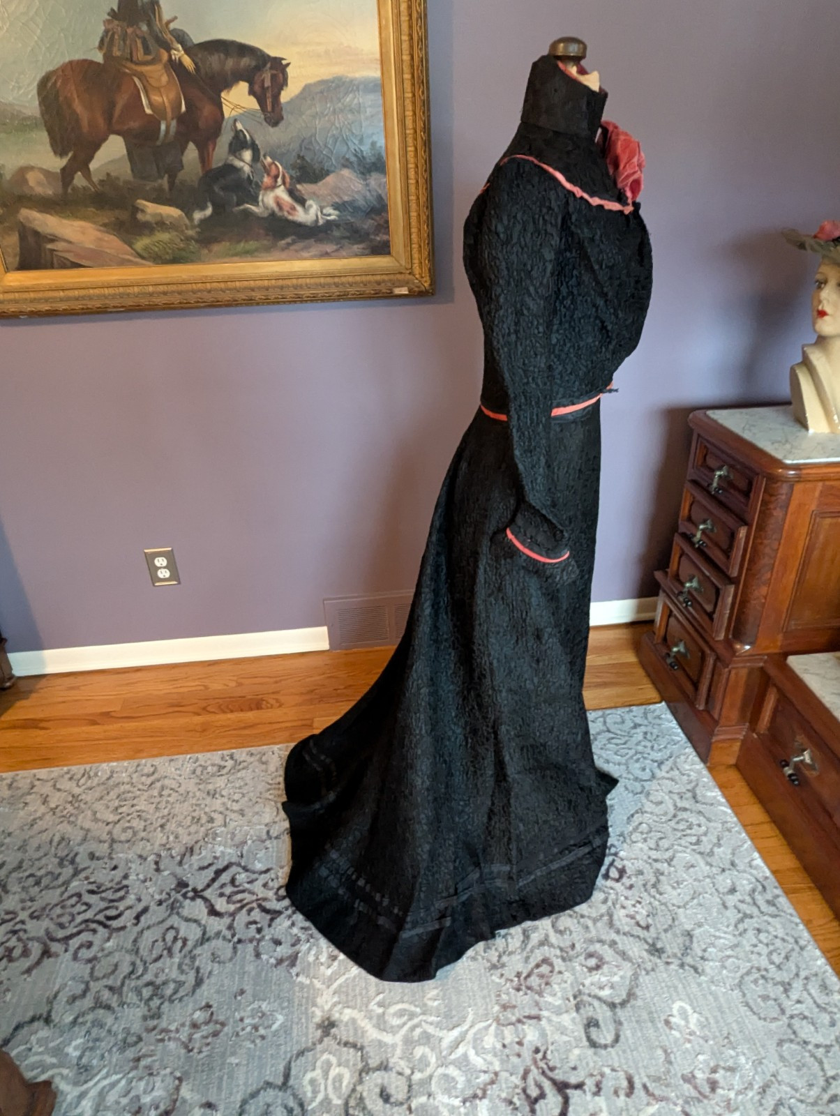 Antique Victorian Edwardian ca 1890’s – 1900 2 Piece Dress Velvet Rose and Trim