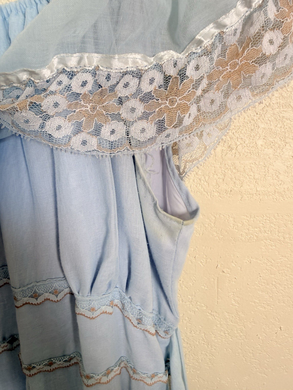 Vintage 70s Prairie Cottagecore Blue Lace Maxi Dress Off Shoulder Small