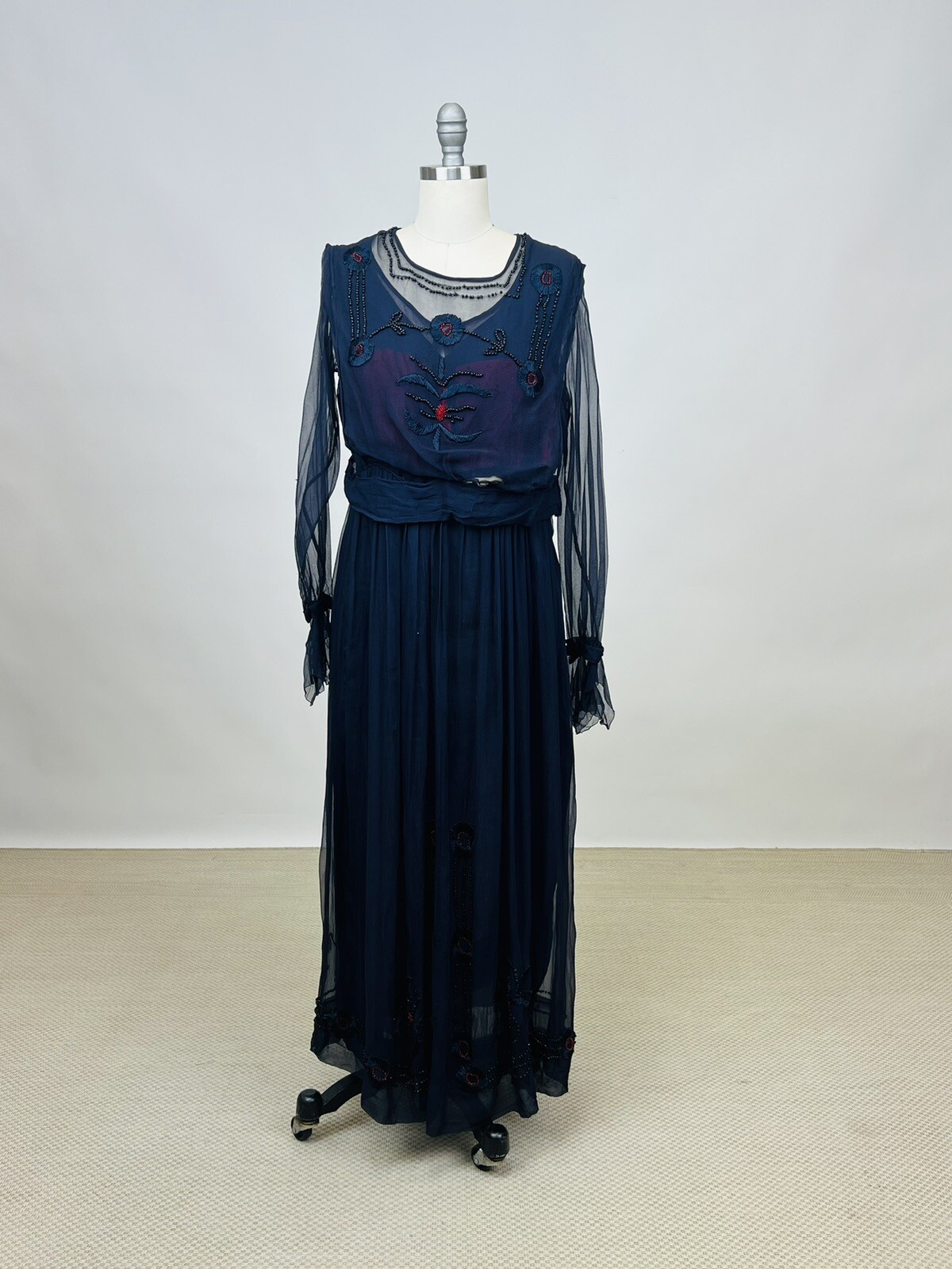 Antique 1910s 1920s Navy Blue Silk Chiffon Dress Floral Embroidery Beading AS IS