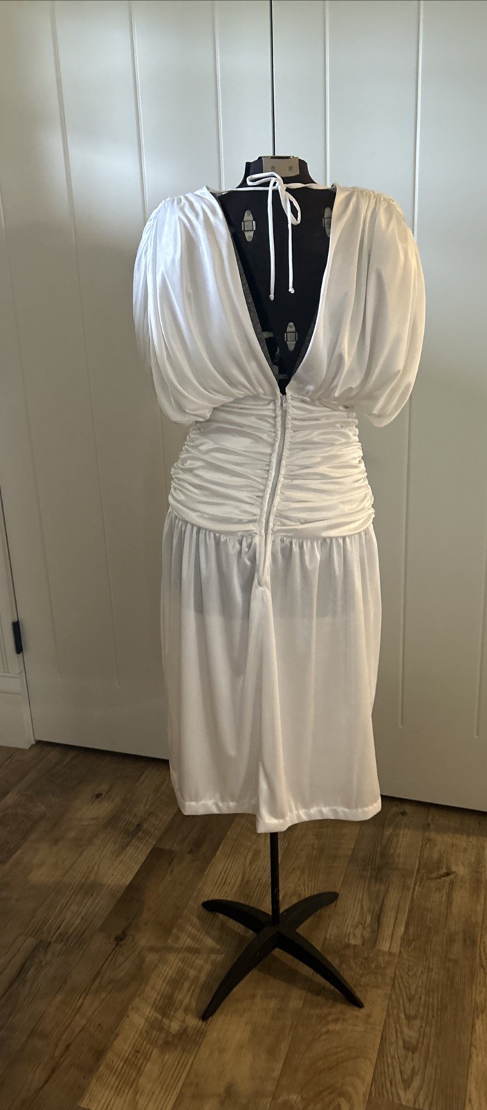 Vintage 1980’s Body Con Silky White Dress Size 13-14 Shoulder Pads
