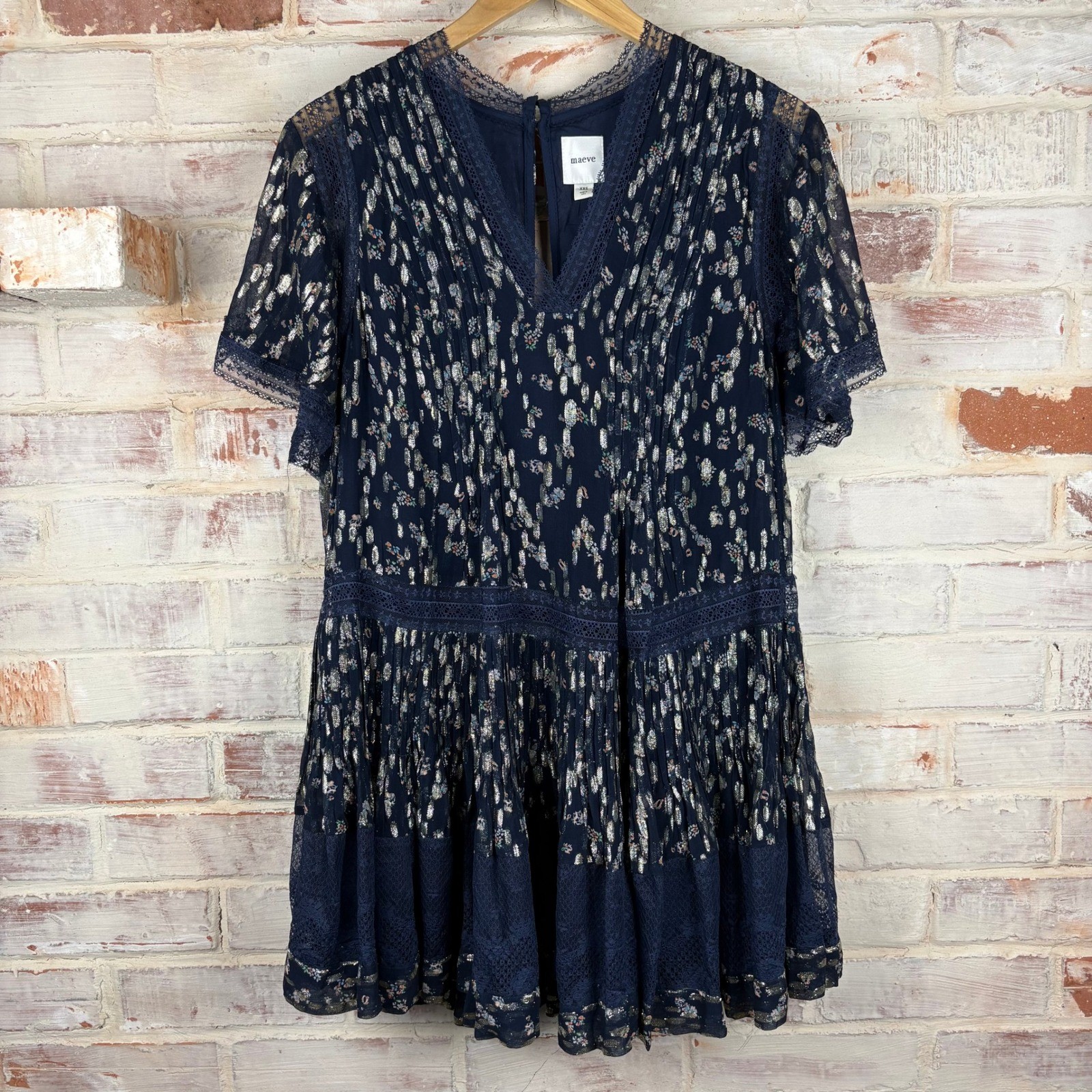 Maeve Anthropologie V-Neck Lurex Oversized Tiered Mini Dress Metallic Lace XXS
