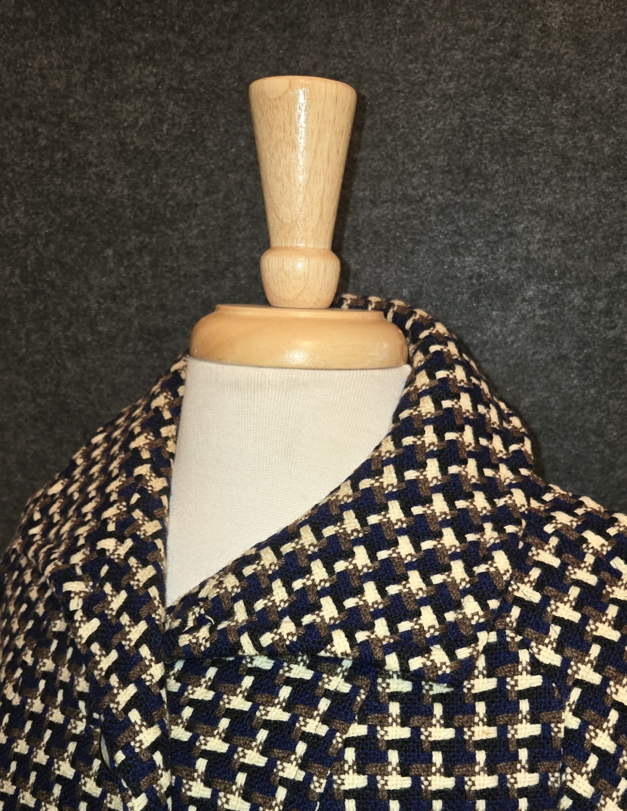 Vntg I. Magnin Coat 10 Womens USA 3/4 Sleeve Houndstooth Blue, Brown, Beige EUC