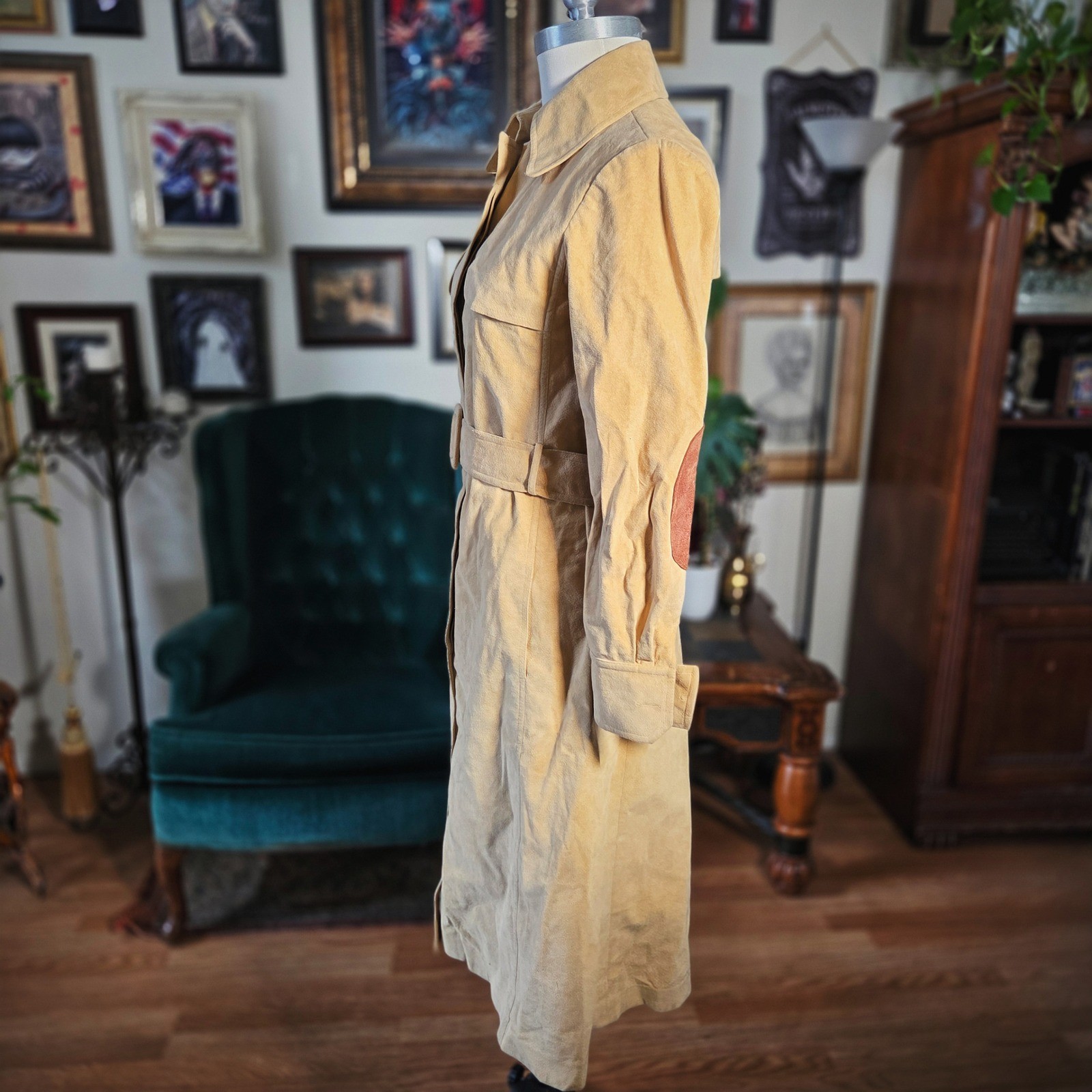 Saks Fifth Avenue Trench Coat Vintage 70s Tan Ultra Suede Belted Mod Jacket S