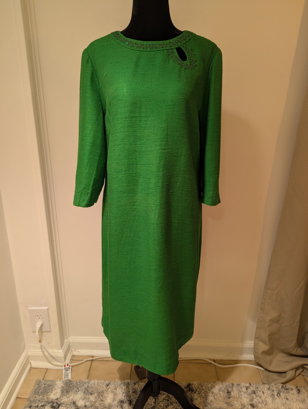 Vintage 1960s Jack Roberts ILGWU Union Made Green Dress Rhinestone Detail Large