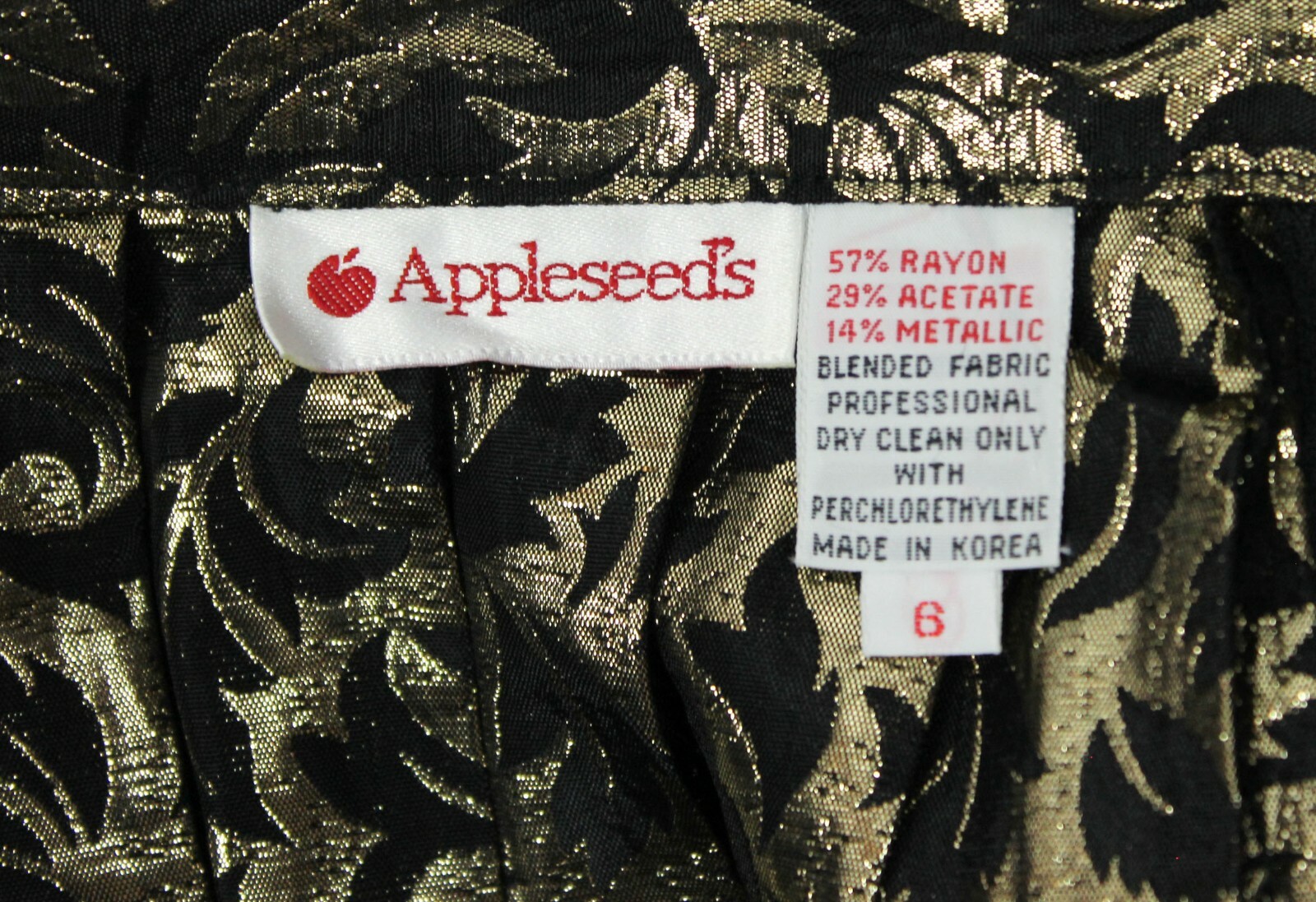 Vintage Pleated Skirt Sz S Long Black Metallic Gold Leaf Brocade Appleseeds Maxi
