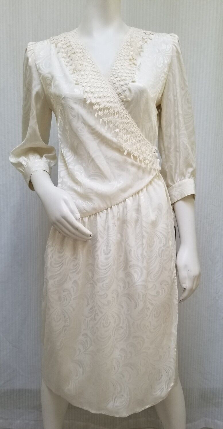 New w/ Tags Vintage 80/90s BILLY JACK FOR HER Ivory Jacquard Wrap DRESS – Size S