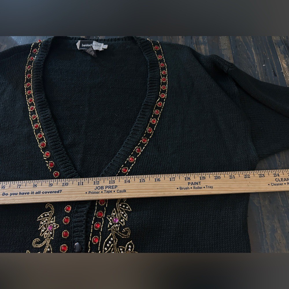 Vintage Black Beaded Sequin Gemstone Floral Cardigan Sweater Large Holiday
