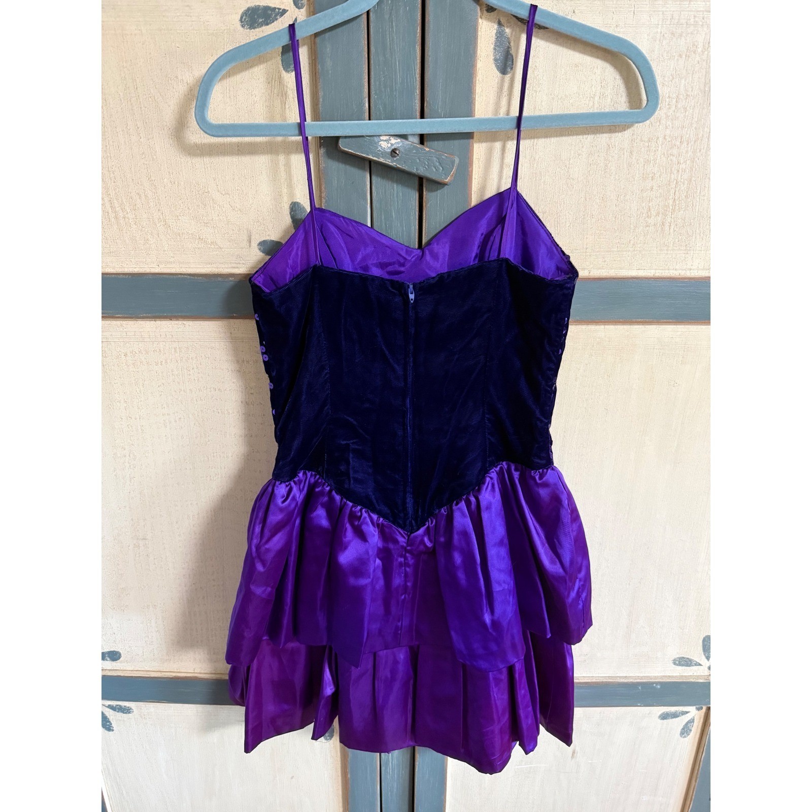 Notorious Vintage 80s Purple Sequin Velvet Satin Tiered Ruffle Mini Dress Size 5