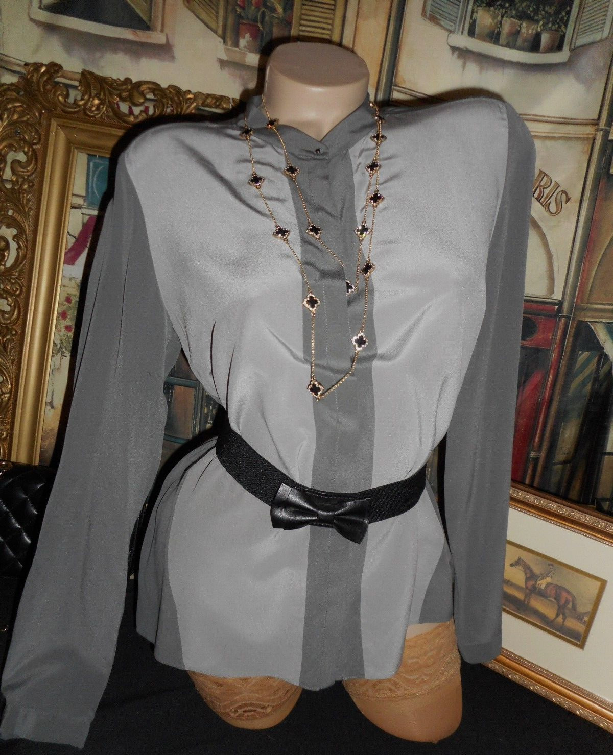 M Silk Blouse Grey Silk Blouse Long Slv Soft Sueded Sand Wash Band Collar NOS
