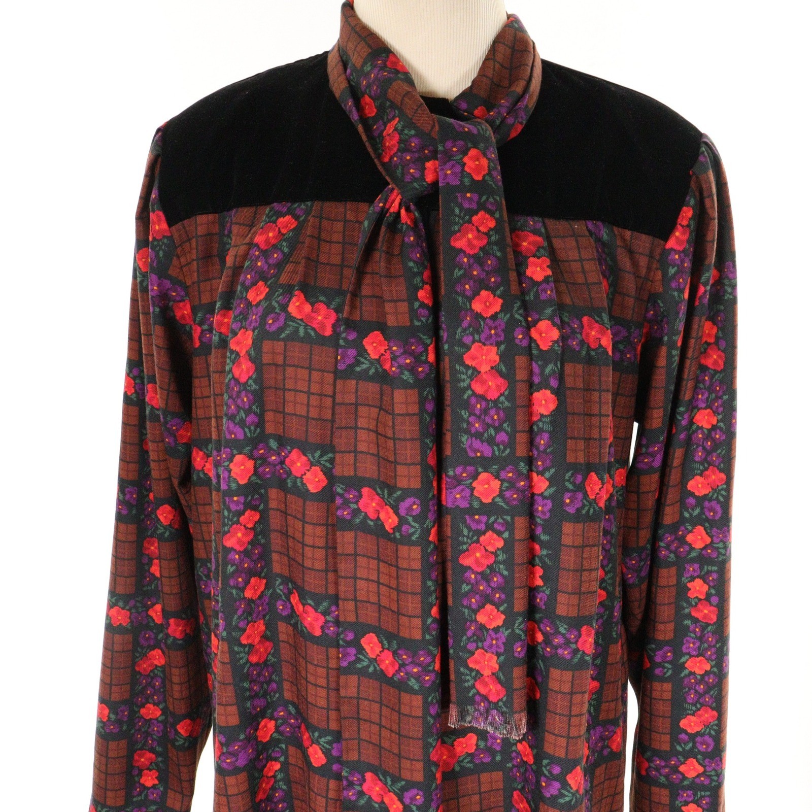Vtg Oscar de la Renta Miss O Skirt Suit Floral Brown Plaid Velvet Trim Women 8