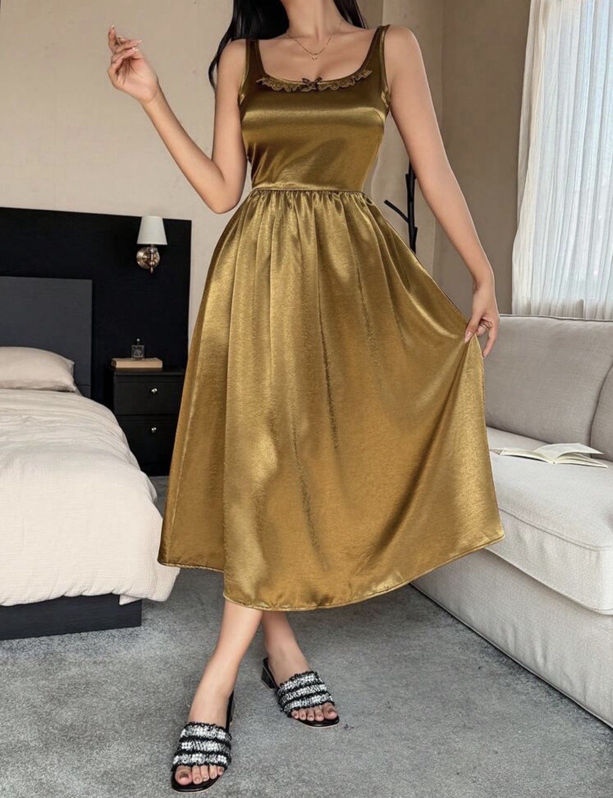 Silver Shiny Satin LONG Maxi NIGHTGOWN Full Slip Camisole GOWN Scarf Dress L NEW