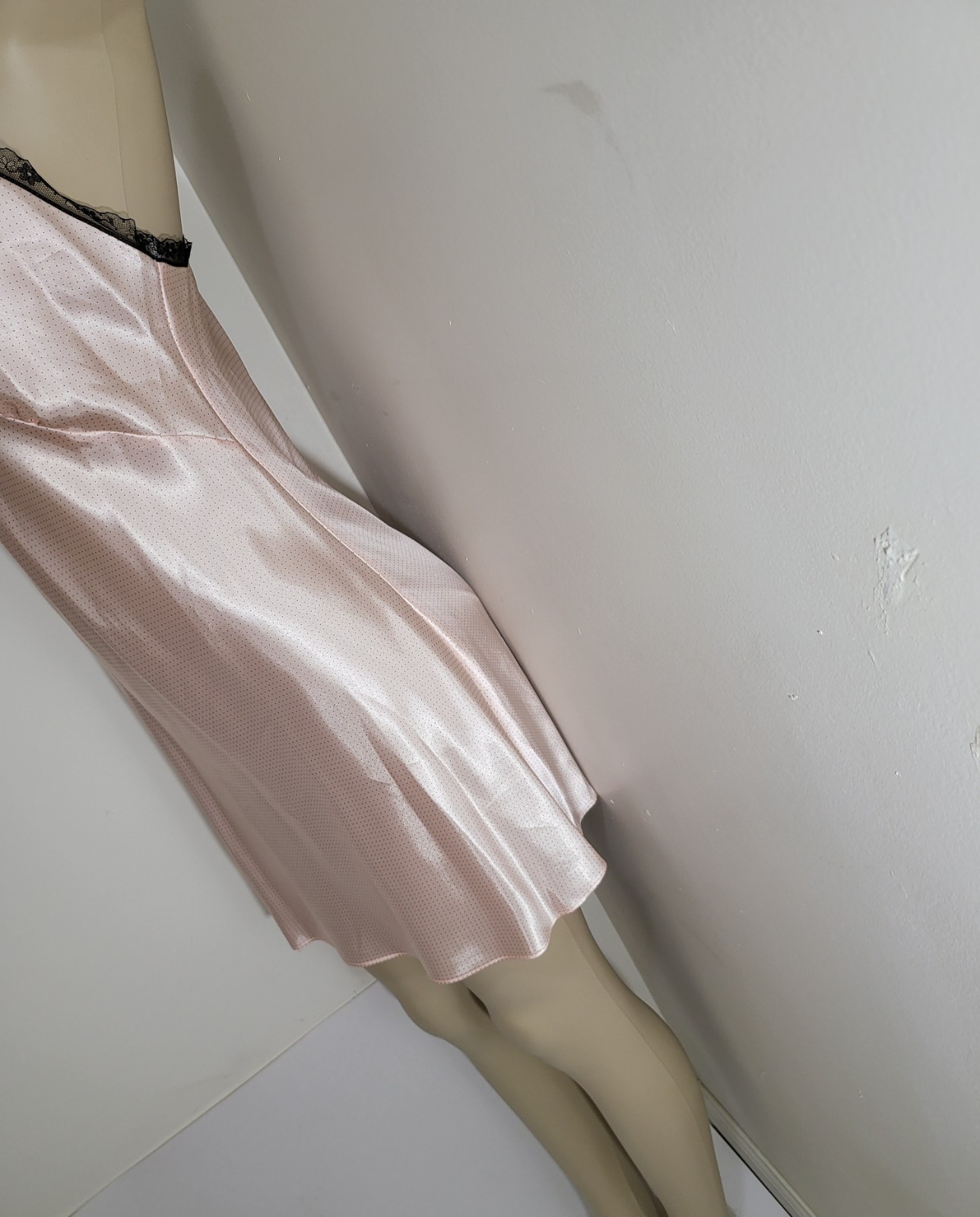 VTG Jones New York Babydoll Dress Cami Pink Satin Lingerie Black Lace Trim Sz S