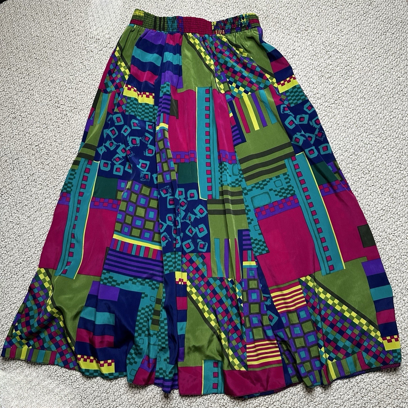Jo Hardin Womens VTG Geometric Patchwork Maxi Skirt Multi Color Elastic Waist