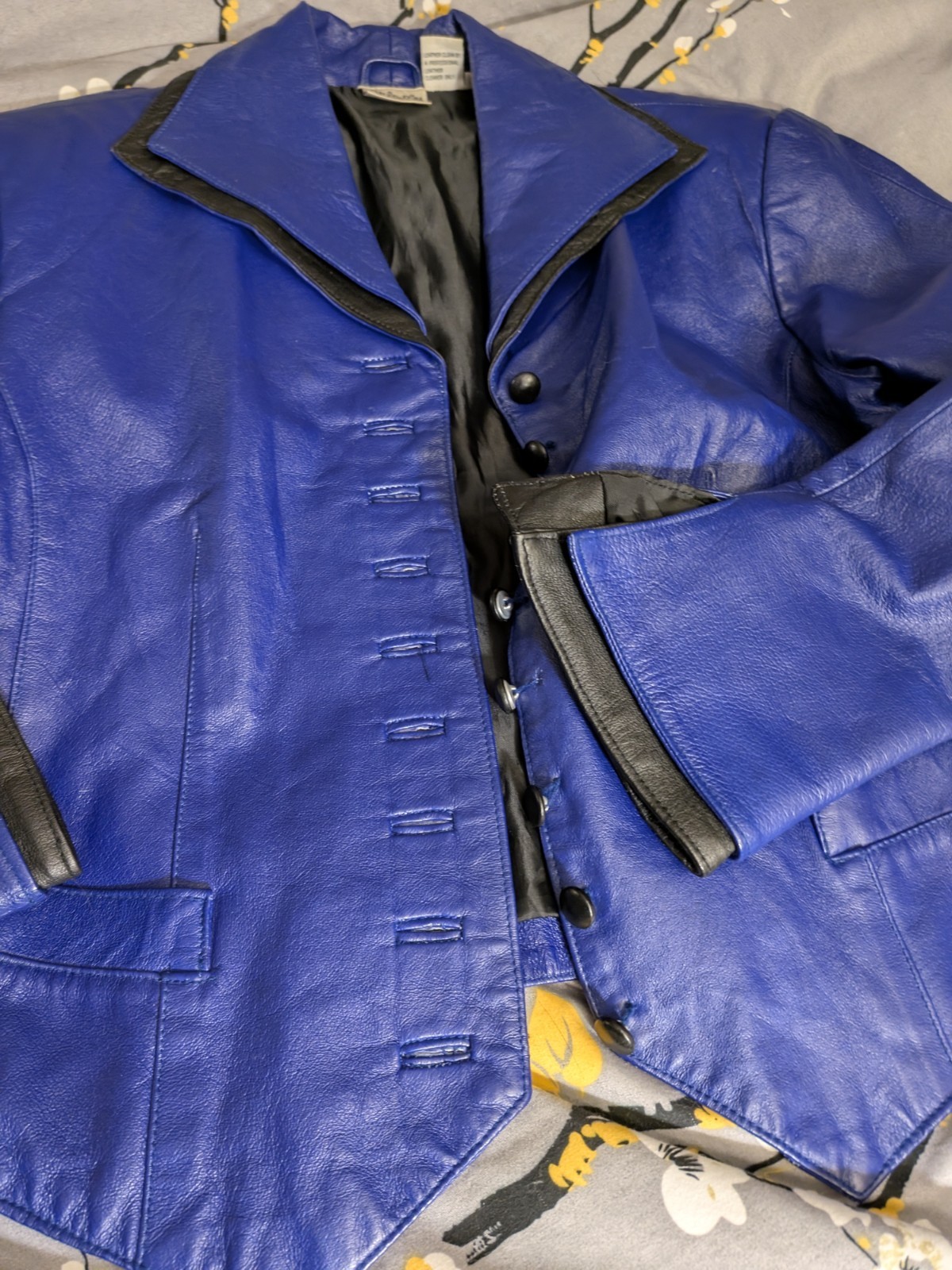 Vtg Leather 2-tone Jacket, Blue With Black Accents, Buttons, Vest Styling Sz 8