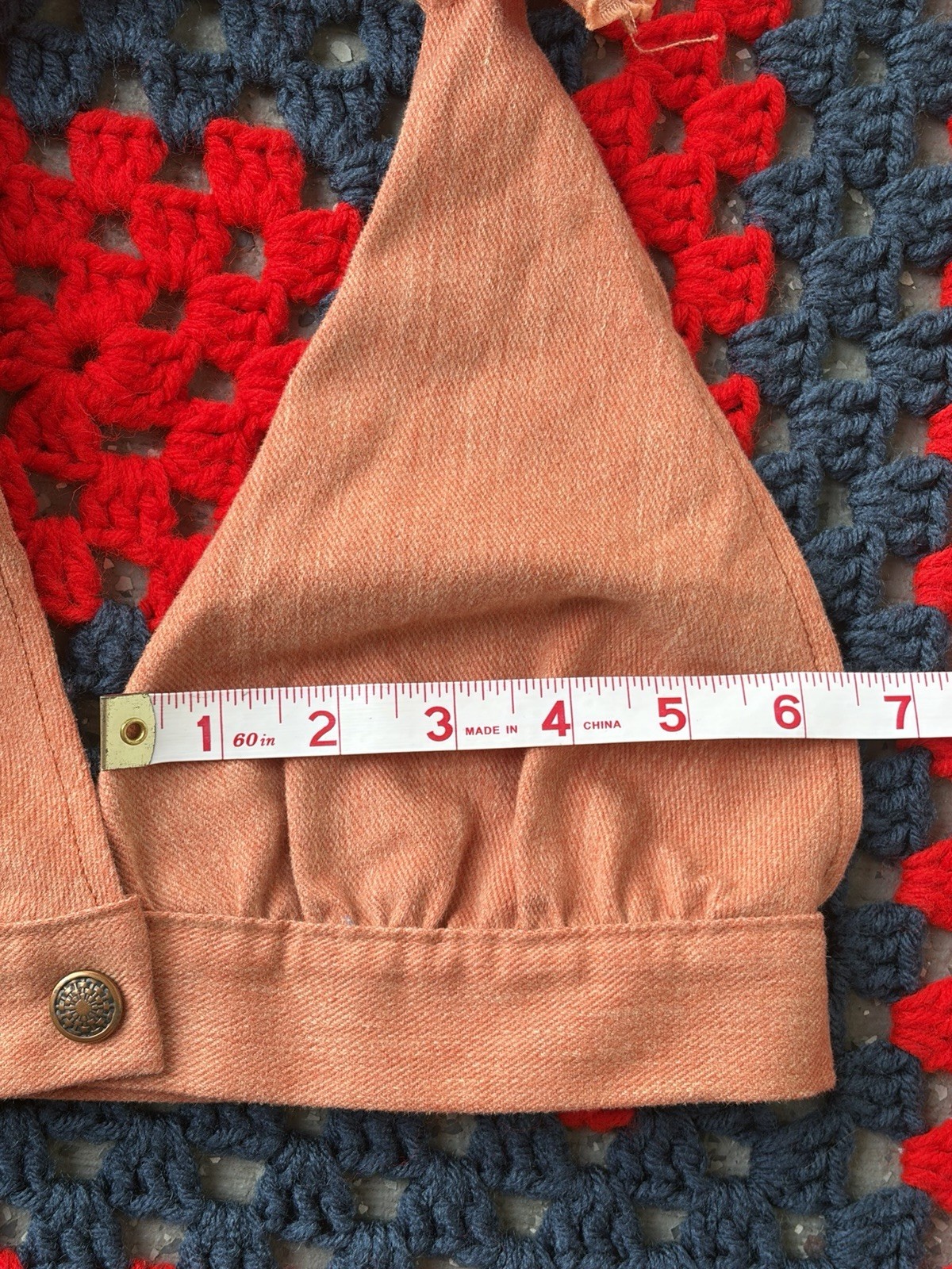 Vintage 70s Peachy Denim Halter Top Retro Hippie Boho Festival, XS-XXS