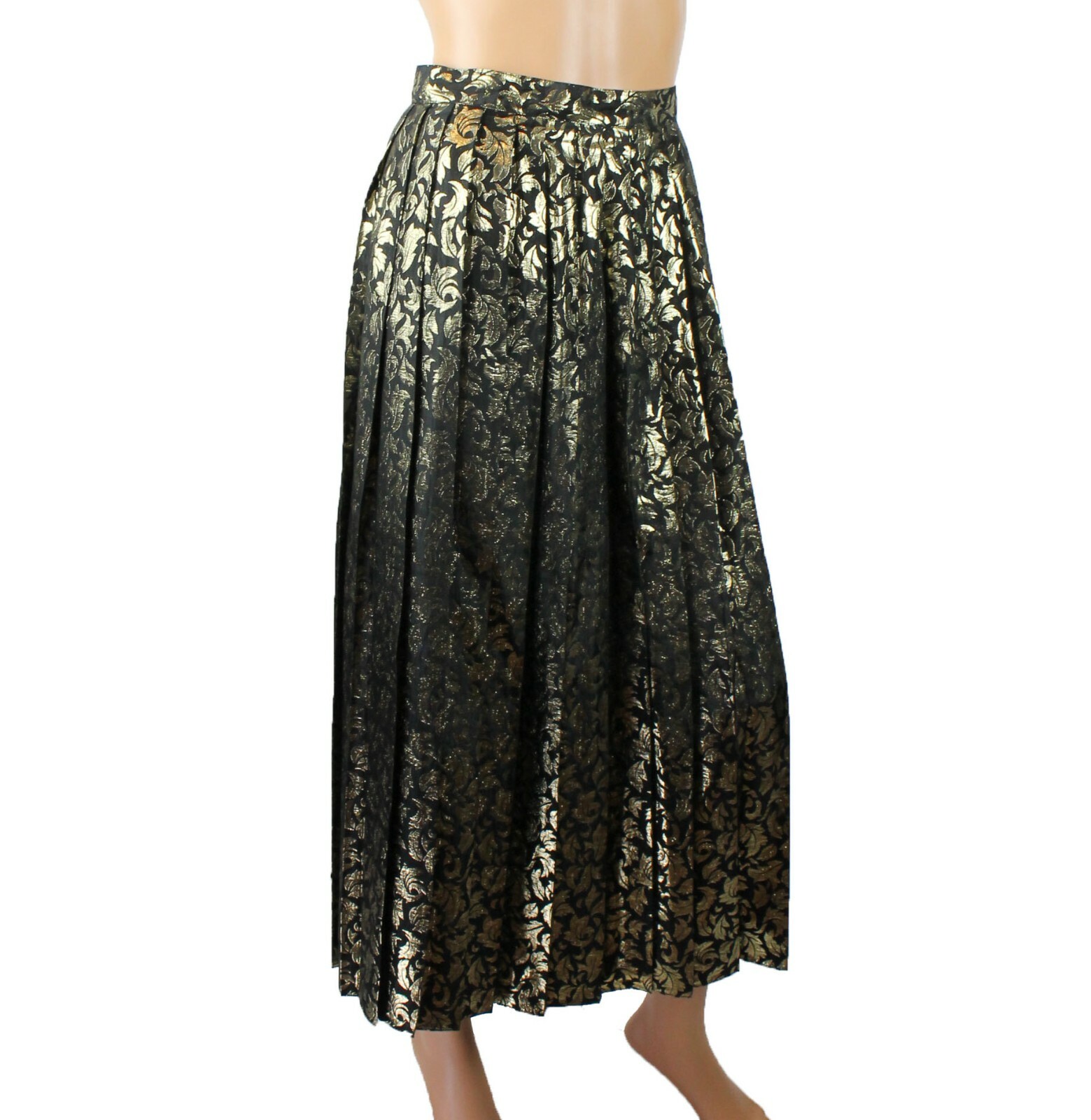 Vintage Pleated Skirt Sz S Long Black Metallic Gold Leaf Brocade Appleseeds Maxi