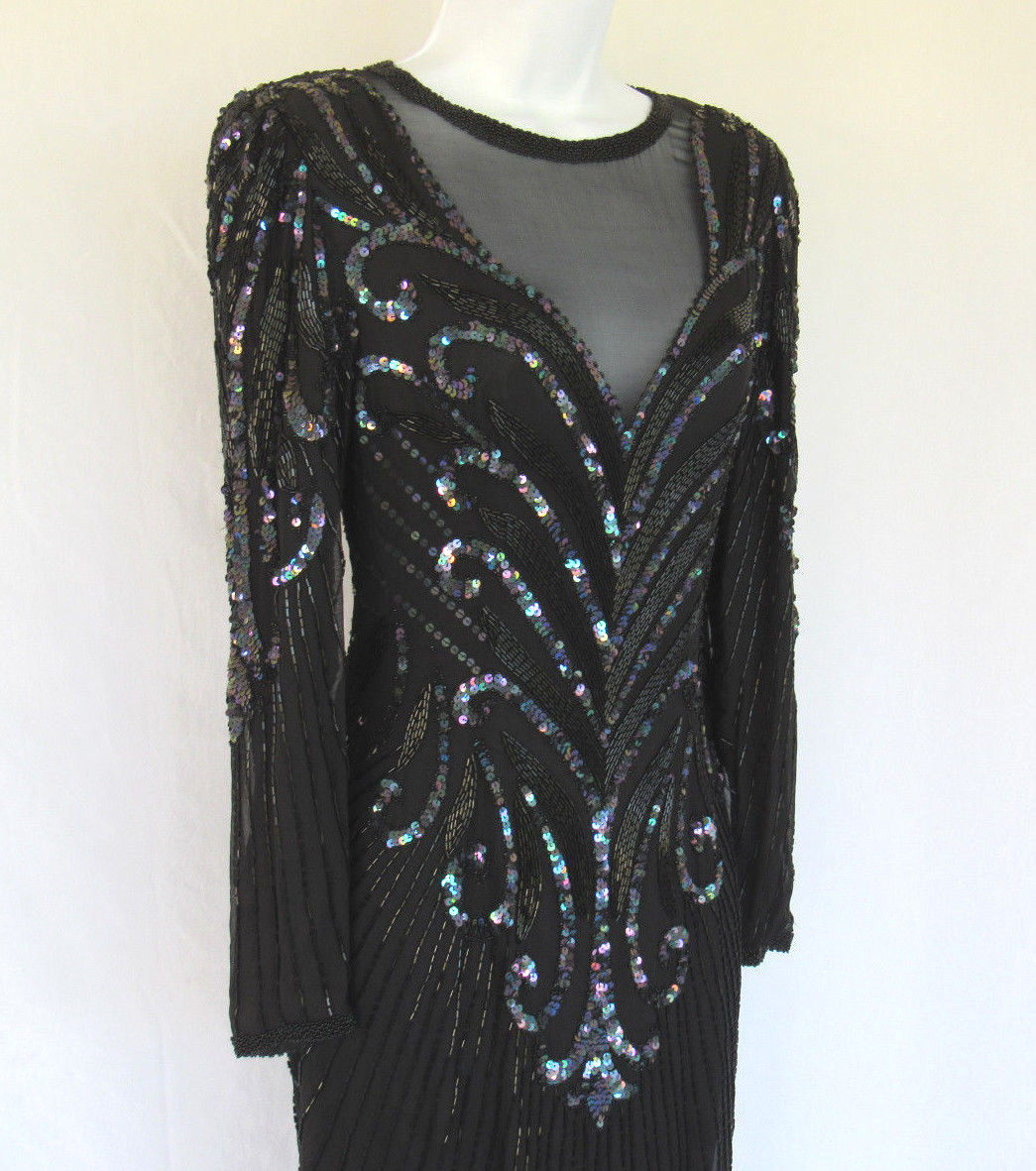 VTG A.J. BARI BLACK SILK SEQUIN BEADED DRESS SIZE 8 RAYON INNER LINING