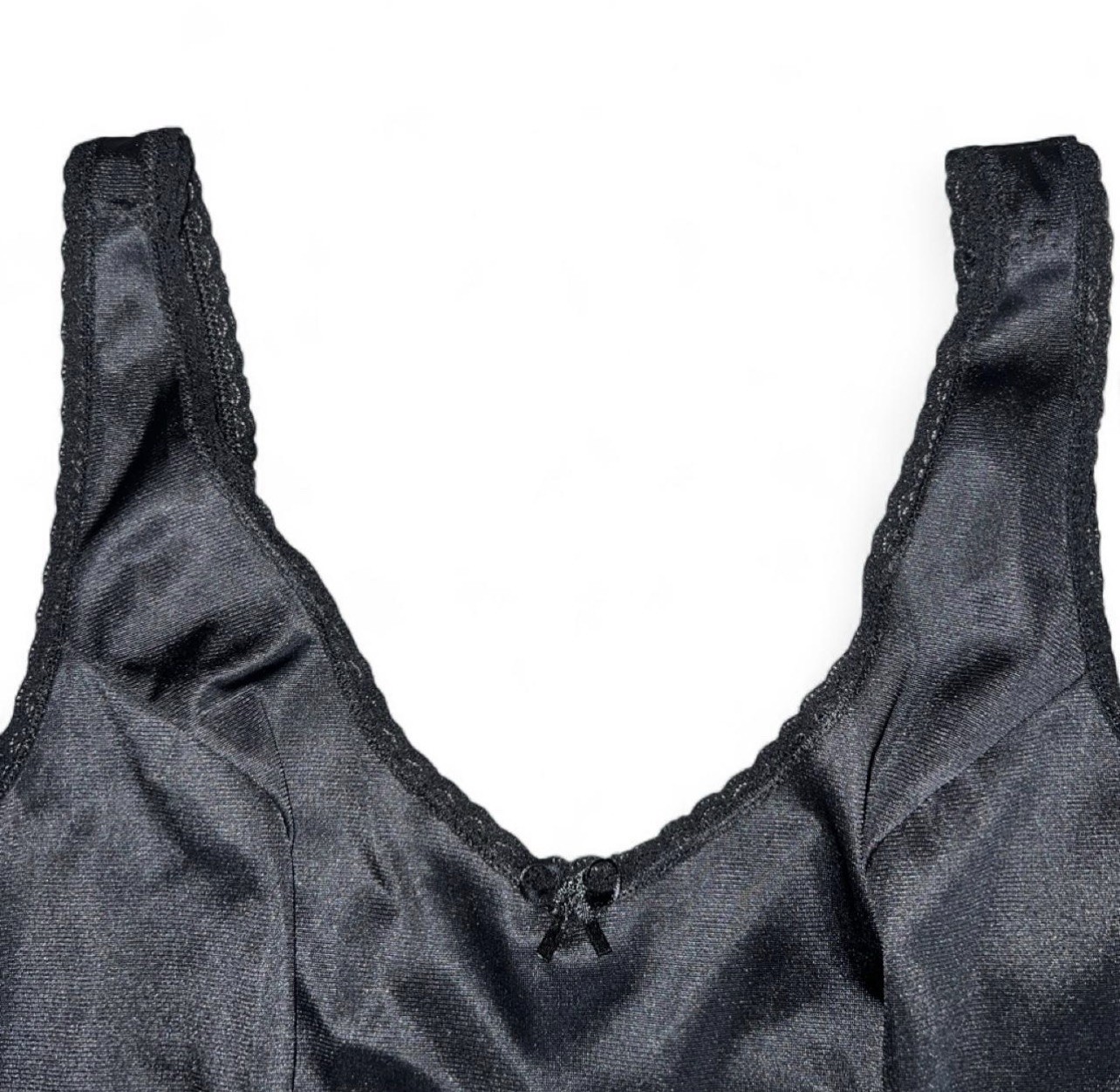 Vintage 90s Vassarette Black Satin Camisole Top Lace Trim Style 17-109 USA Made