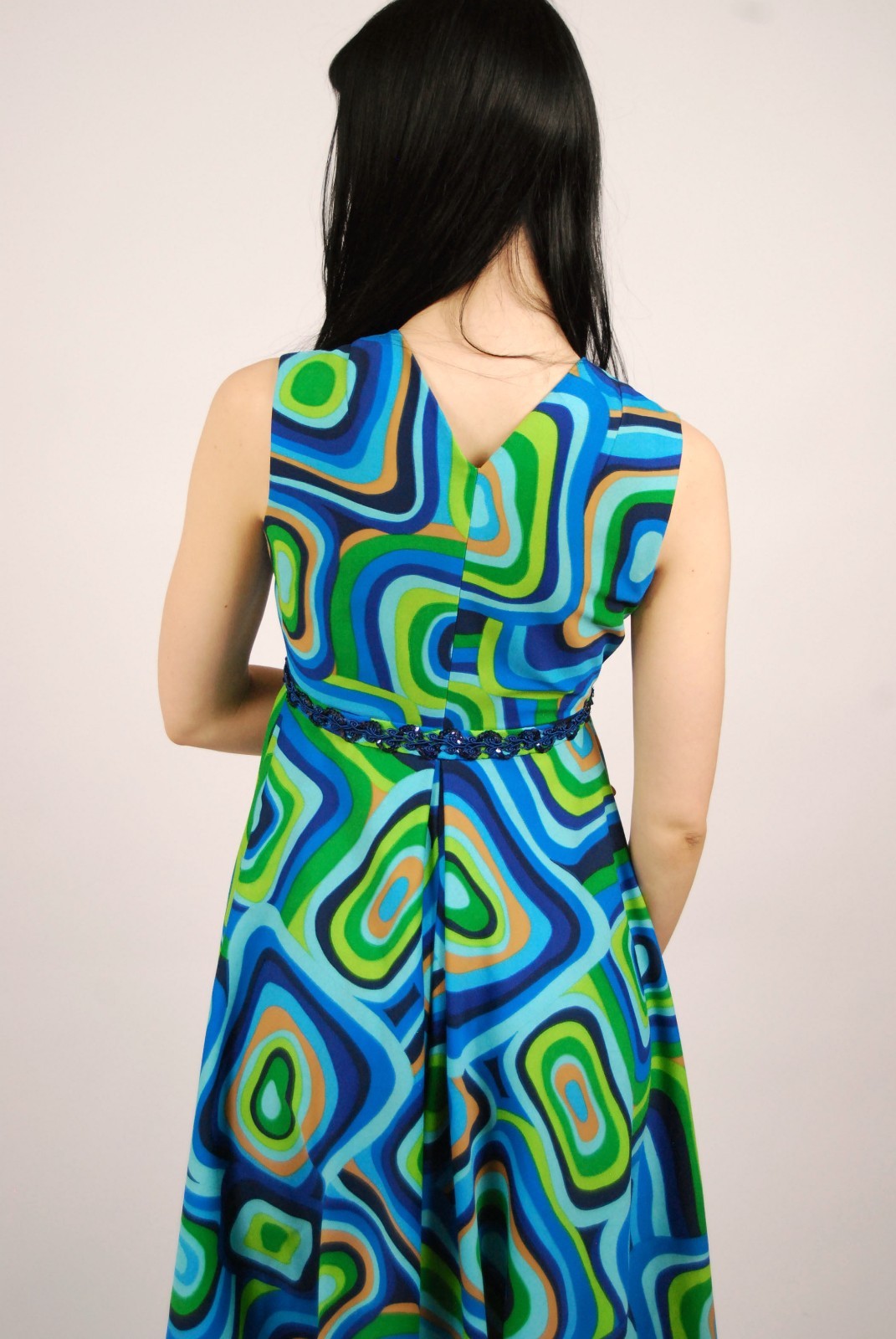 70s Psychedelic Print Maxi Dress (S) small blue green vintage Vogue funky retro