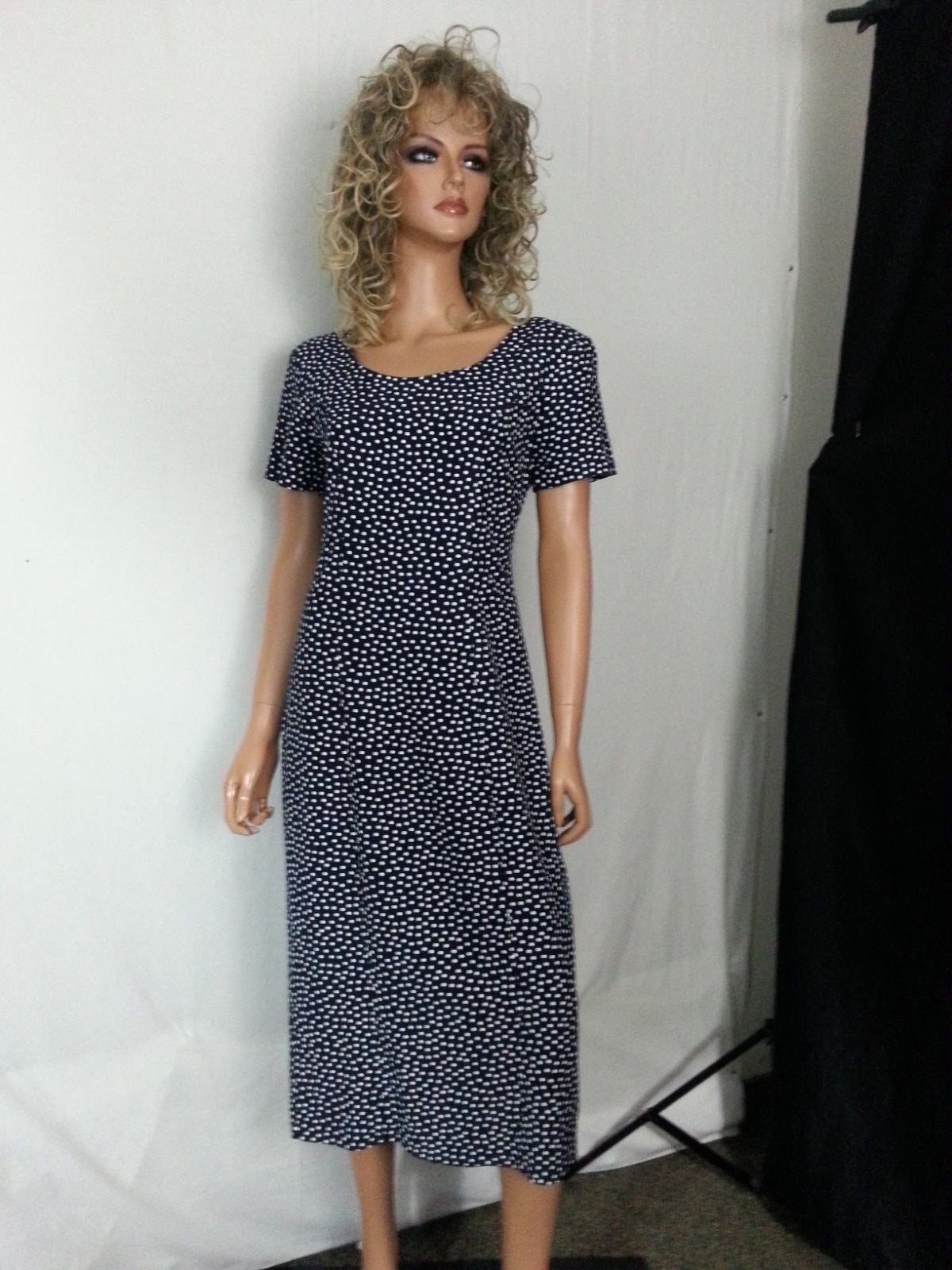 VTG 80s BYER TOO CA Dress Dk Blue White Polka Dots Back Waist Draw String 5 S