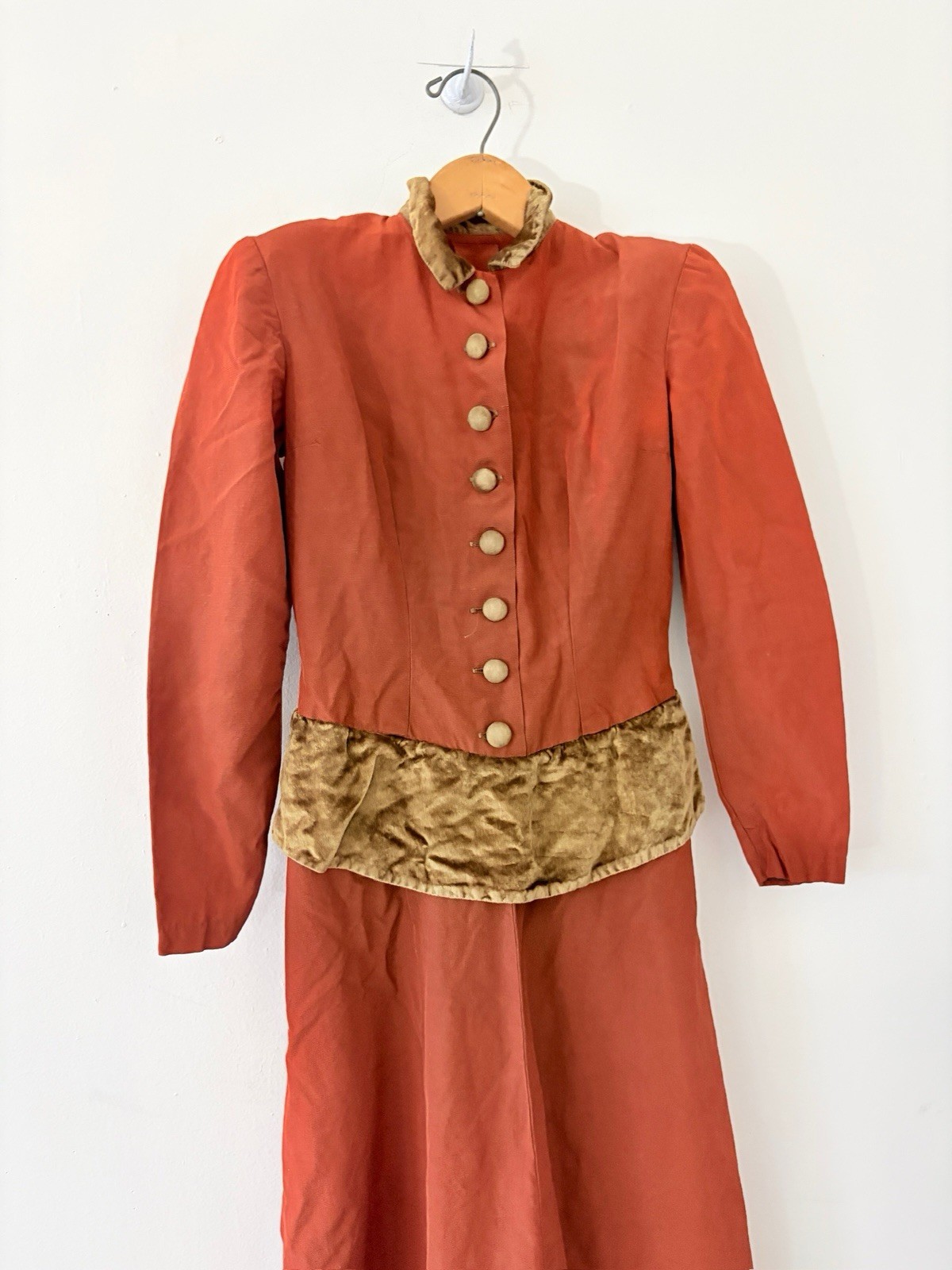40s Rayon/Velvet Pointed Collar Long Sleeve Midi Dress Victorian Edwardian XS S