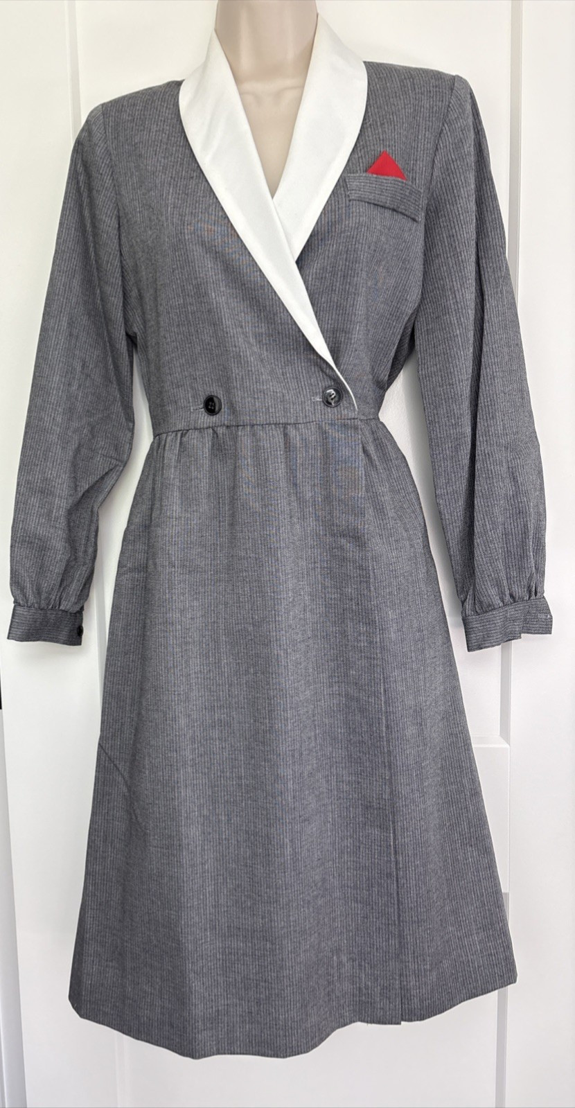 Vintage Grey Pinstripe Dress I Magnin Sz Classic White Collar Red Pocket Scarf