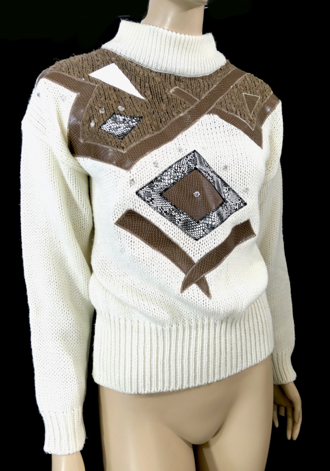 80s Vintage Cristina Ivory Perkins Collar Sweater Vinyl Snake Patchwork Gem L
