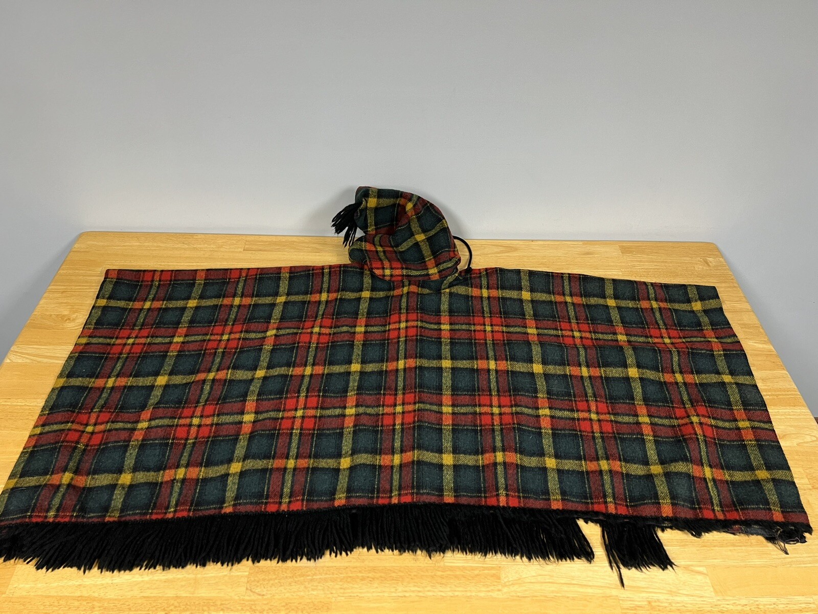 Vtg Plaid Wool Poncho Hooded Fully Lined Made USA Sears Jr Bazaar One Size Read