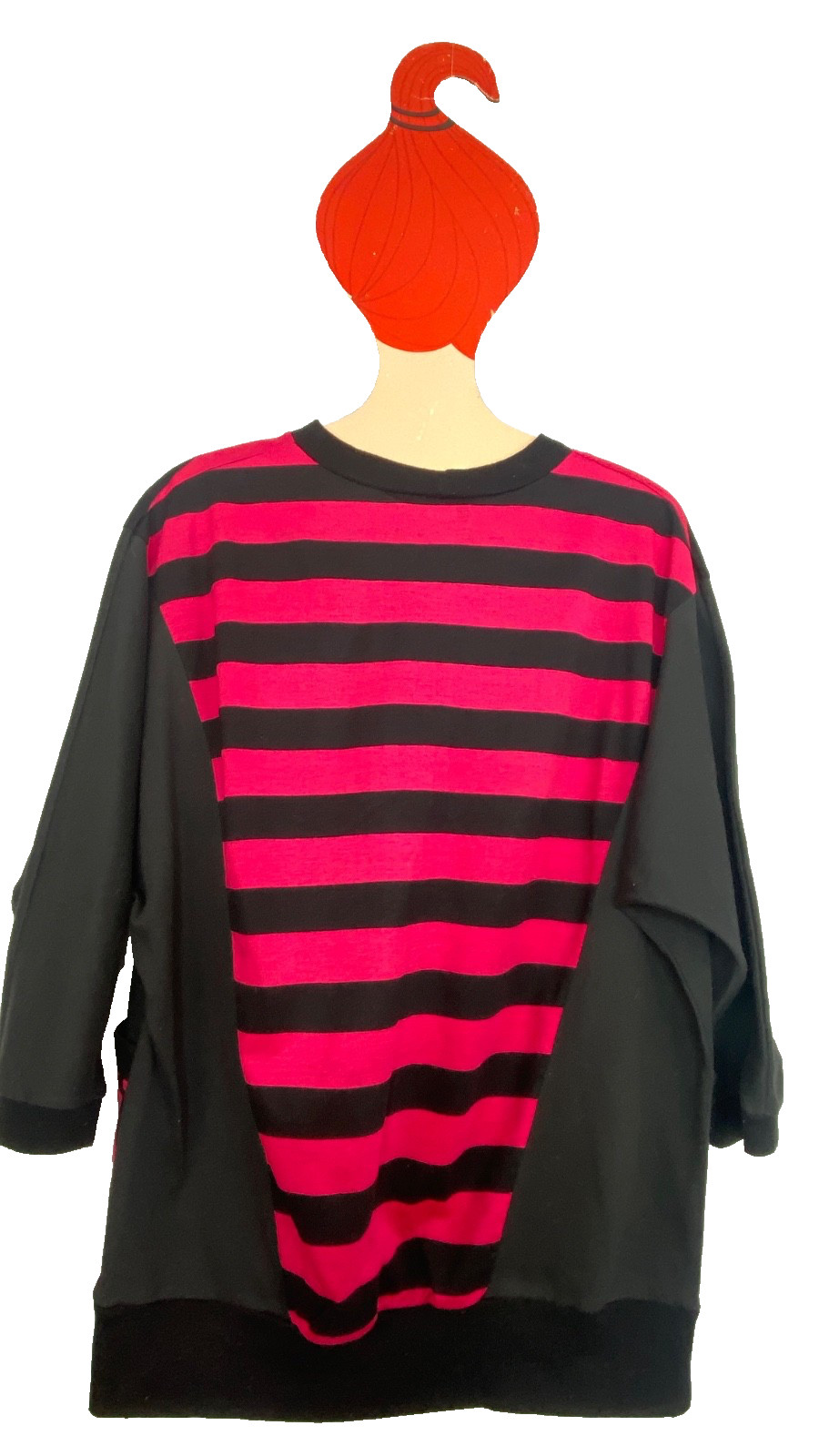 Vintage 1980s pink black striped top pullover shirt 3/4 sleeve oversized pockets