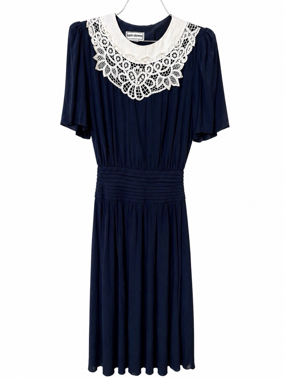 Karin Stevens Navy Lace Collar Dress Womens sz 8 Vintage Midi Pleated Waist 52”