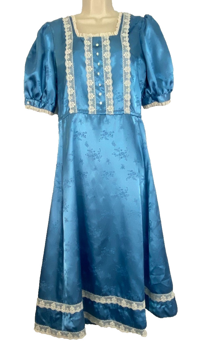 Vintage 1980s blue satin midi dress S M short puffed sleeves white lace floral