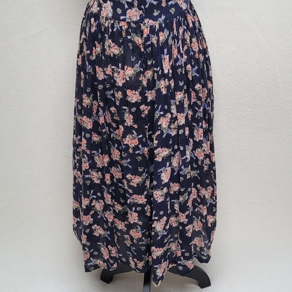 1970s Vintage Sita Blue Pink Floral Scoop Neck Tie-Waist Fit & Flare Midi Dress