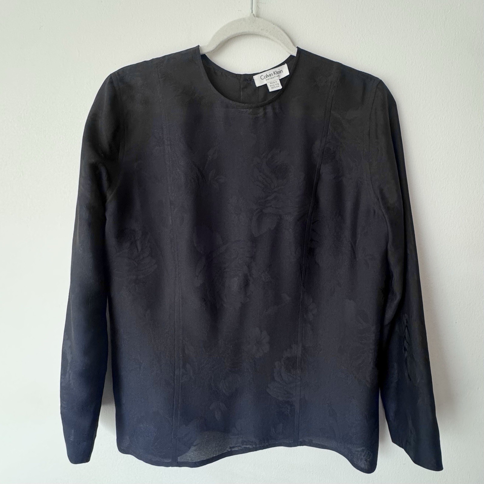 Vtg 90s Calvin Klein Collection Navy Silk Rose Blouse Size 4 Carolyn bessette