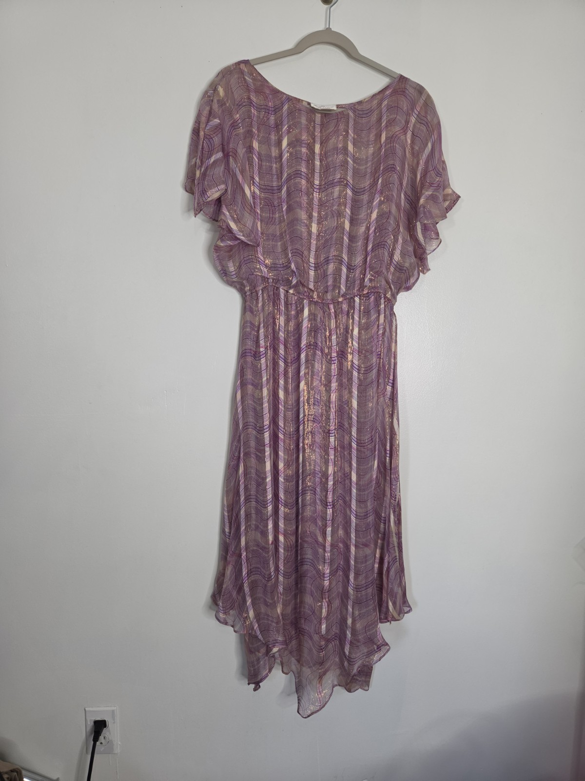 Vintage The Silk Farm Icinoo 100% Silk Metallic Gold Lurex Purple Dress 10