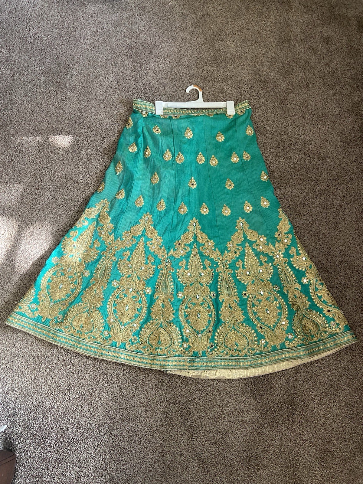 Green And Gold Embroidered Indian Lehenga Skirt With Intricate Mirror Work