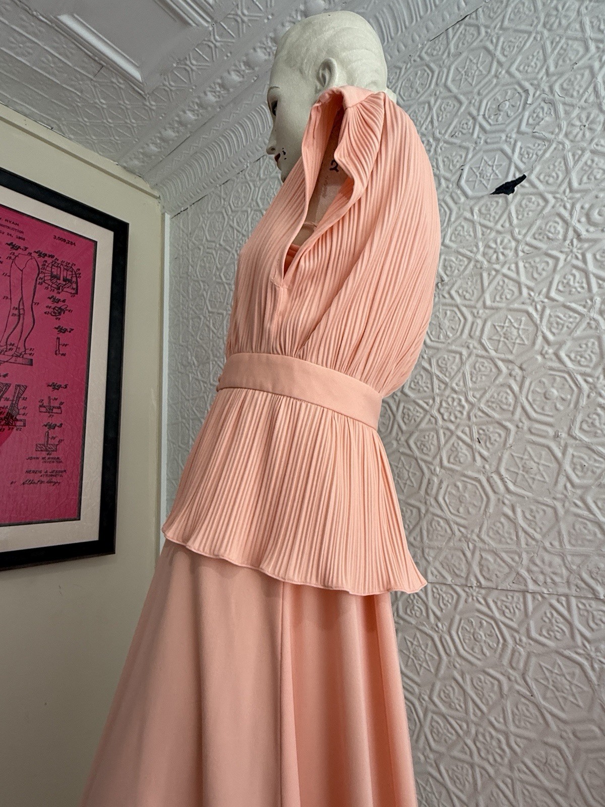 vintage 1970s peach gown-Prom-Party-Bridal-S/M orange maxi dress Femme pink