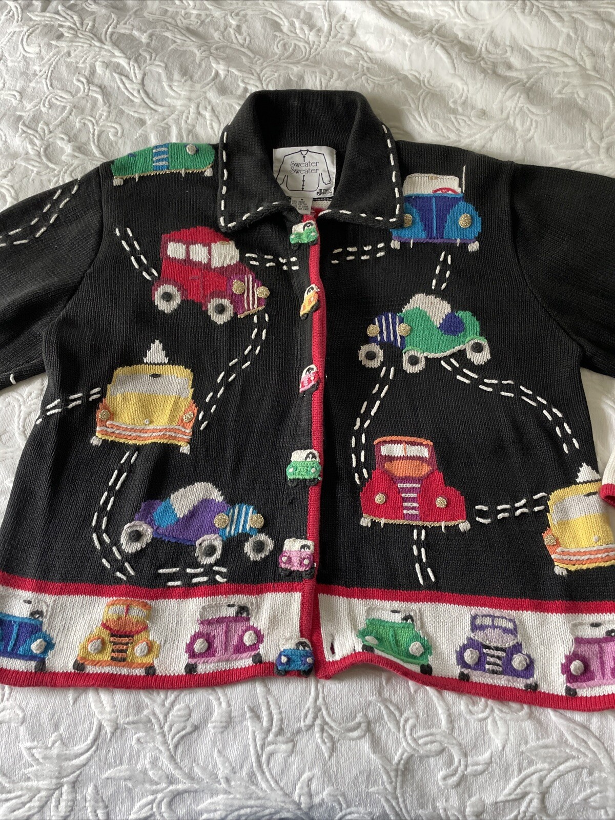 J Two Cardigan Sweater Novelty Cars Travel Taxi Womens Medium NYC Black VTG