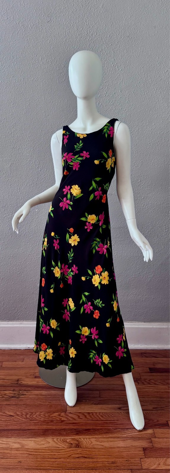 Vintage 90s Black Floral Femme Rayon Maxi Sun Dress M
