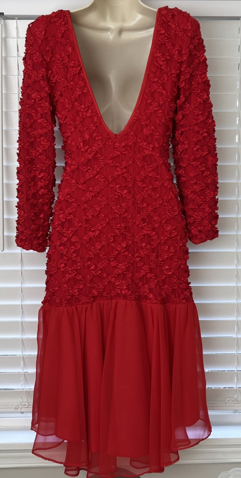 Vtg A La Carte California Hi-Lo Dress 80s Dance/Prom Ribbon/Lace Chiffon V-Back