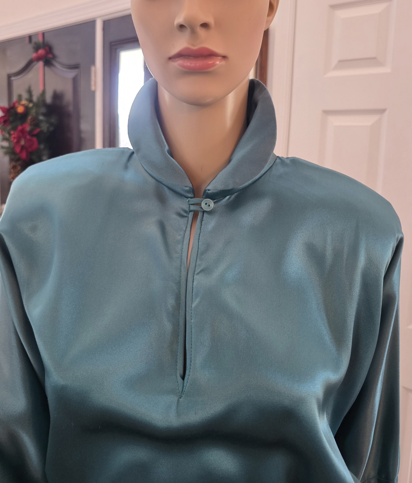Unique Vintage 1980s Norma Kamali Green Satin Cocktail Midi Dress with Peplum