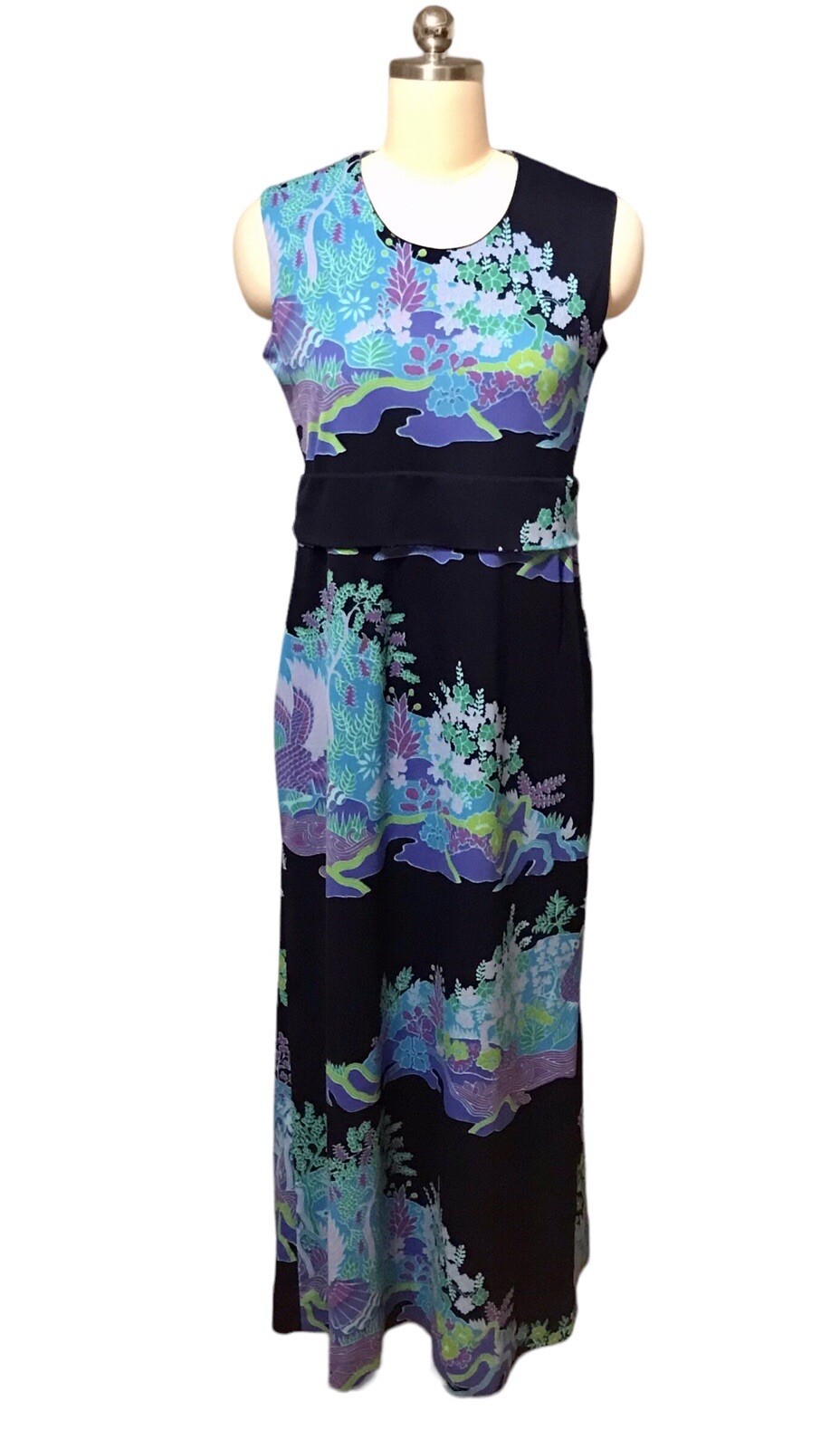 VTG Ja-Na Hawaiian Maxi Dress Blue Floral Birds Tropical Sleeveless Women’s Sz M